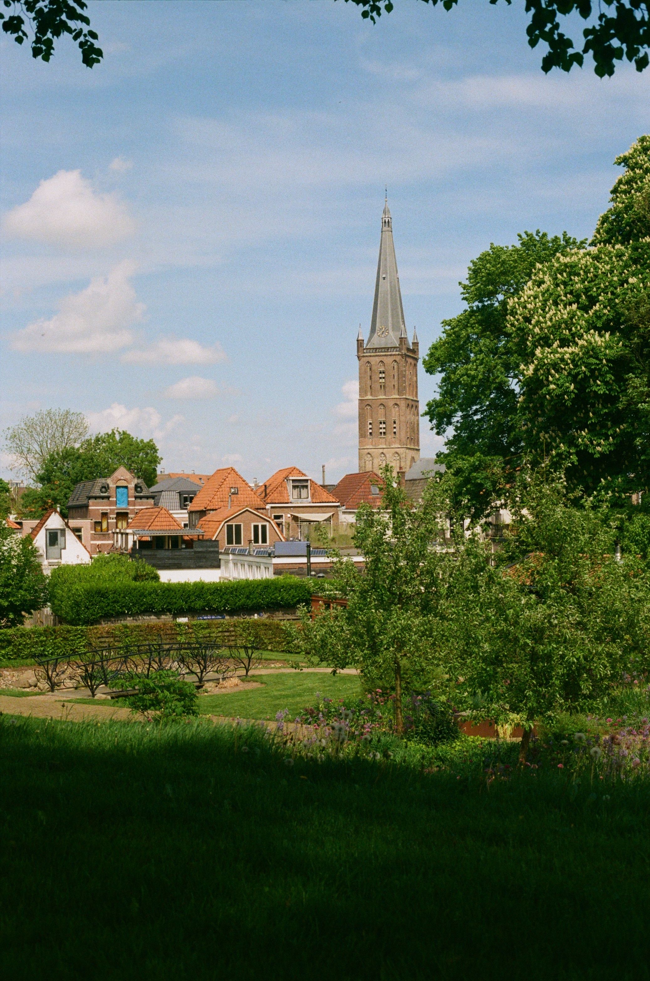 A picturesque scene of Steenwijk featuring a tall church tower surrounded by greenery and traditional houses.