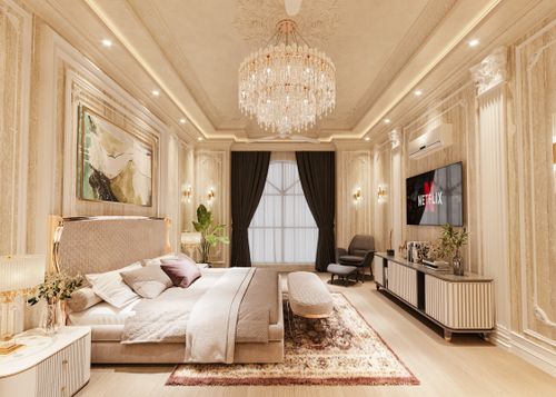 Free Lavish bedroom interior with a crystal chandelier and modern amenities, exuding opulence. Stock Photo