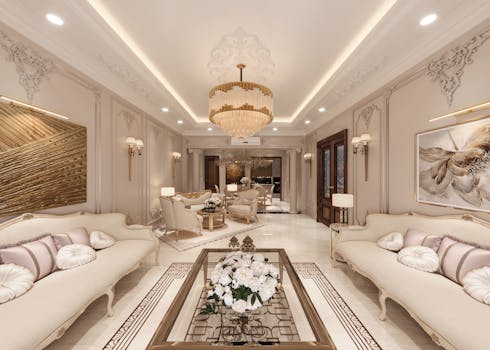 A beautifully decorated living room showcasing elegant interior design with sofas and a chandelier.