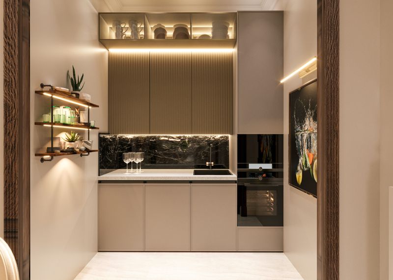 Teal-Blue Cabinets with Dark Walnut Flooring