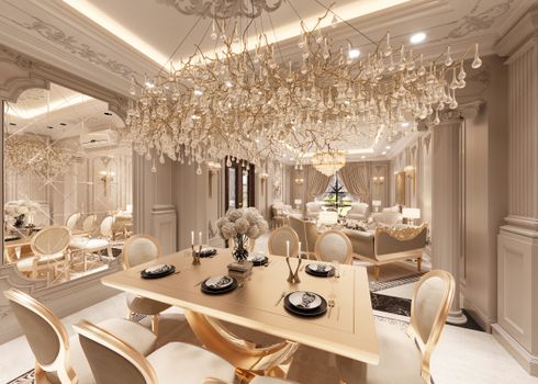 Opulent dining room featuring grand chandeliers and tasteful interior design.