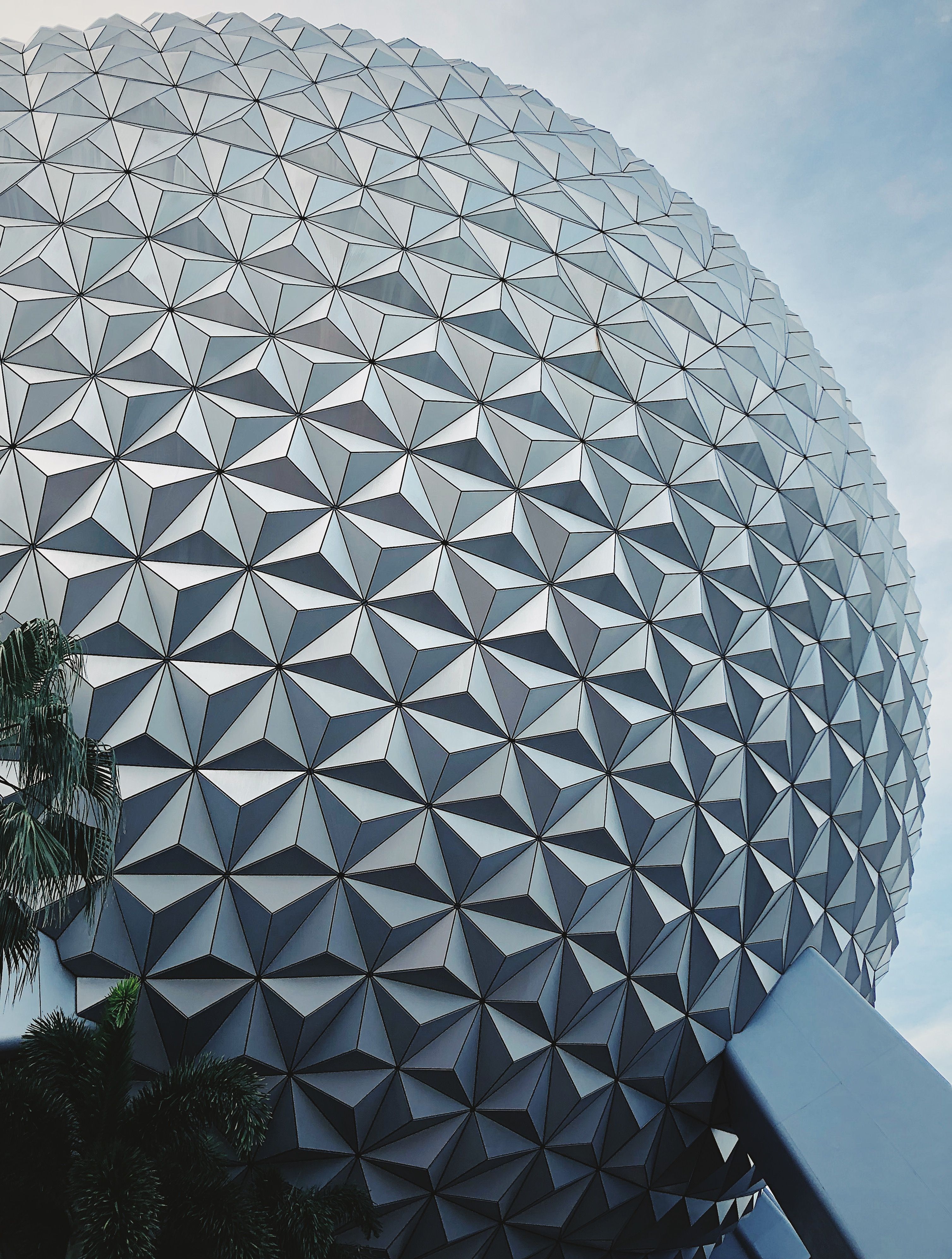 Close-up view of Epcot's geodesic dome, showcasing its futuristic and geometric design.