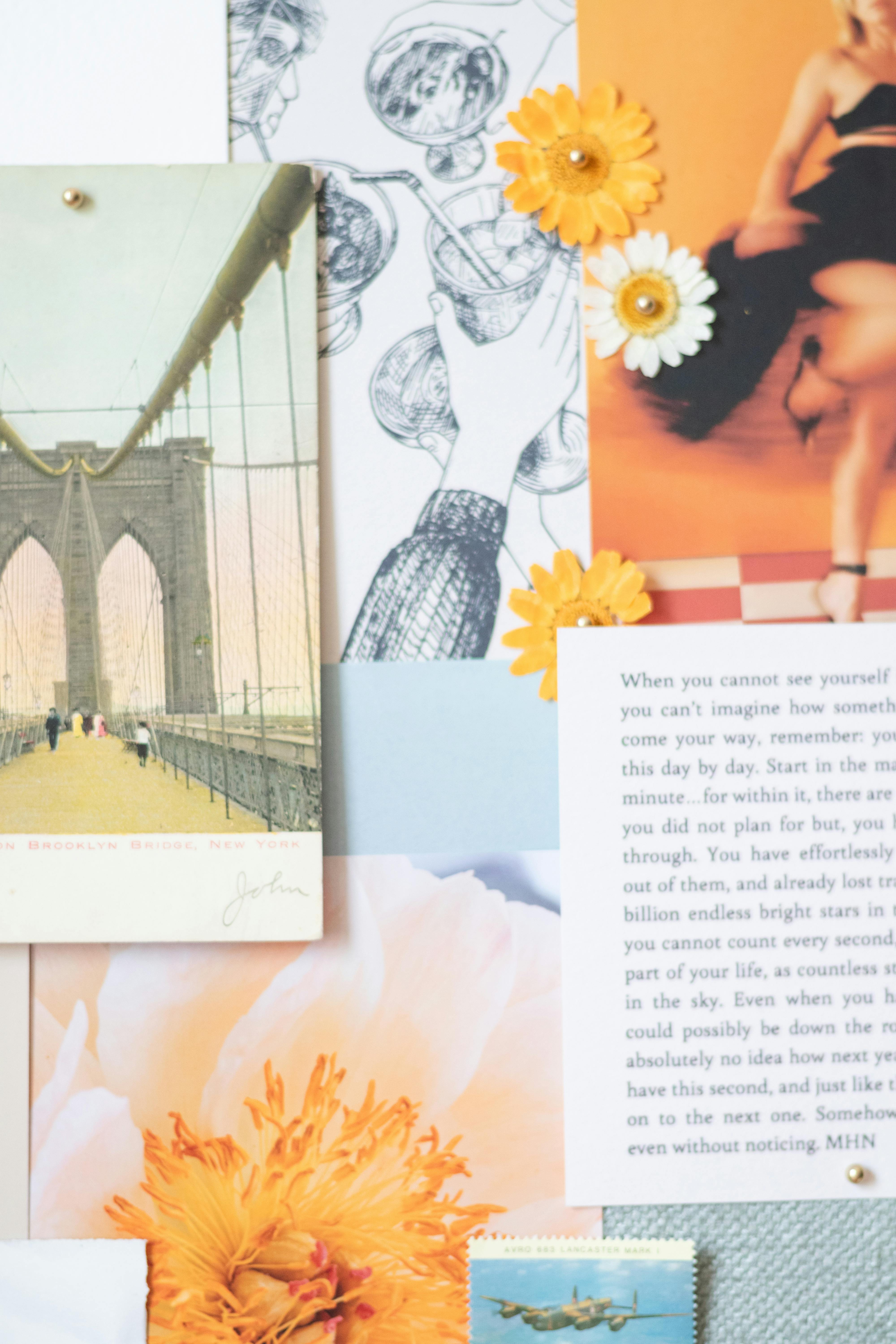 a collage of photos and flowers on a table