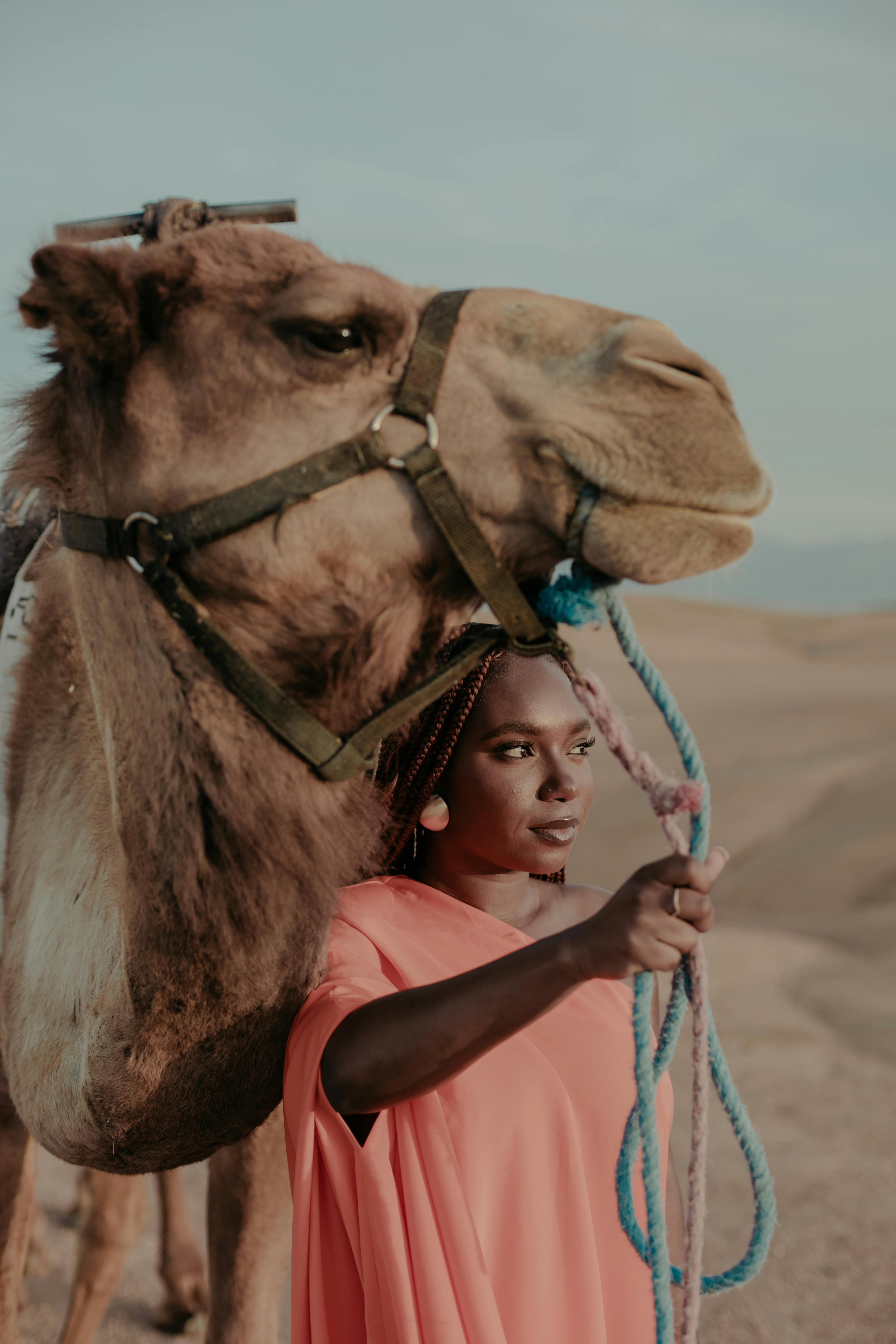 portrait of woman with camel on desert