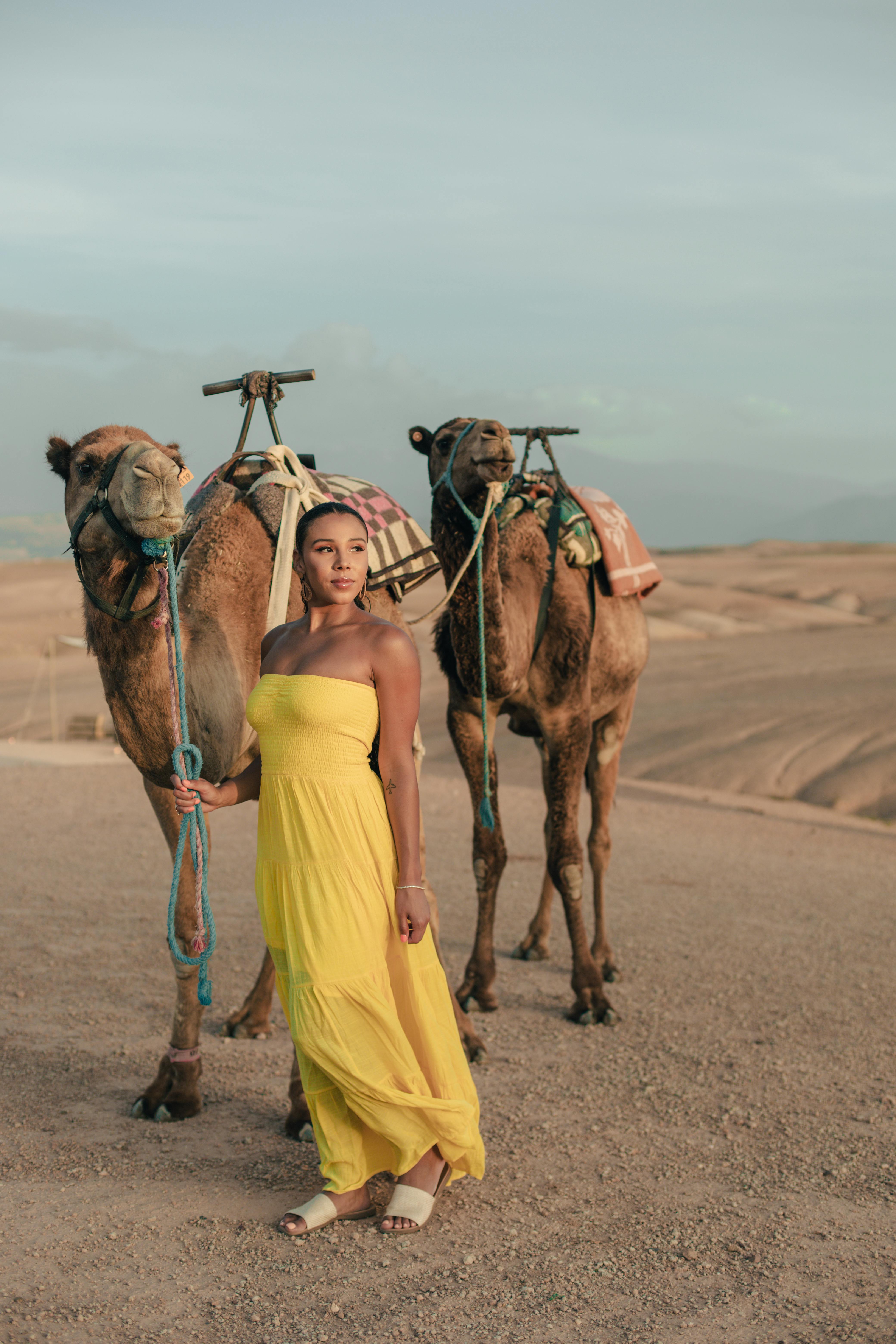 Fashion model posing with camels in the desert near Marrakech, showcasing vibrant travel photography.