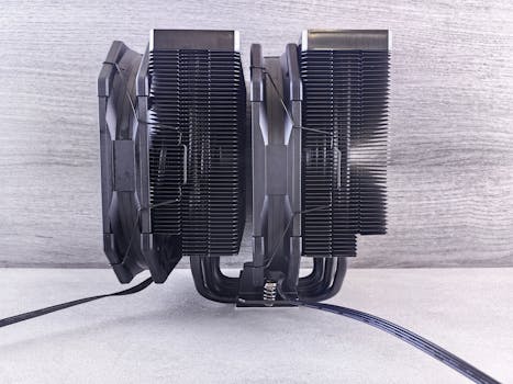 Close-up image of a high-performance computer cooling fan with two heat sinks.