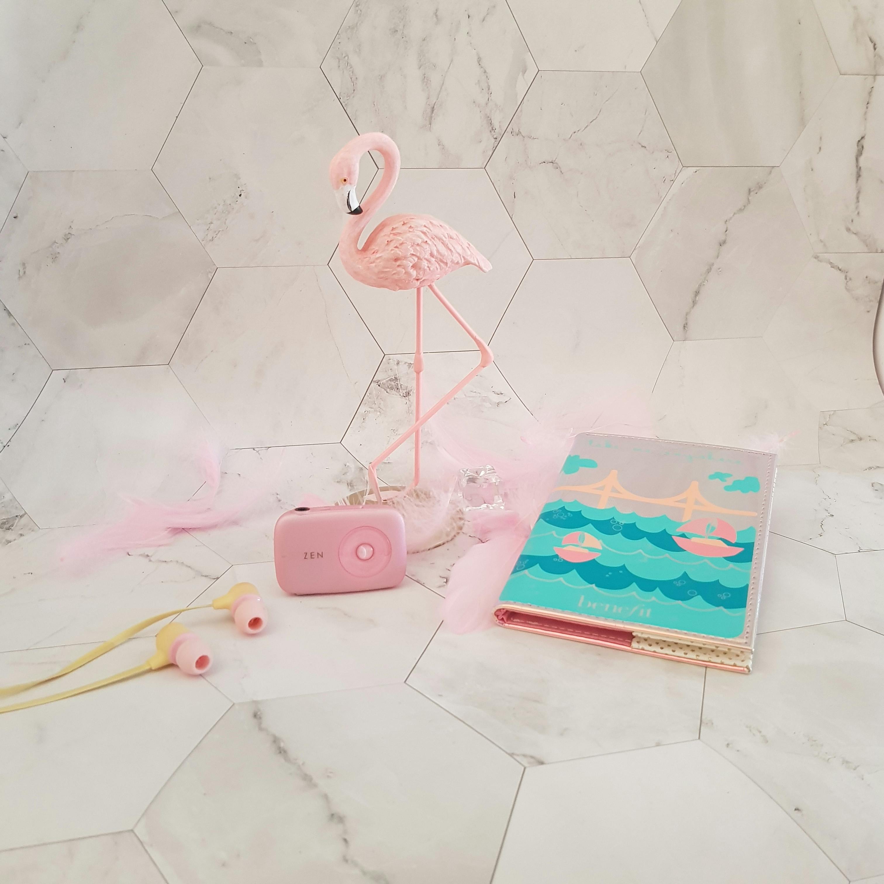 Flamingo Figurine Near Pink Camera, Pink Earbuds, and Photo Album ...