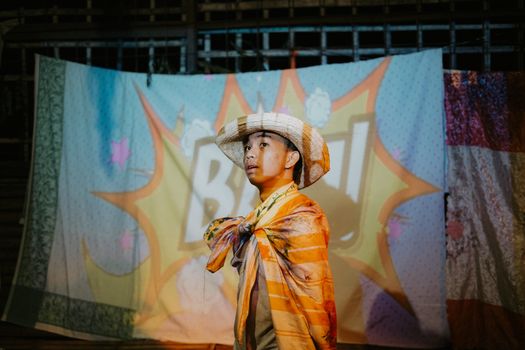 Boy in a cowboy costume with a hat at a colorful festival backdrop. Perfect for event and costume themes.