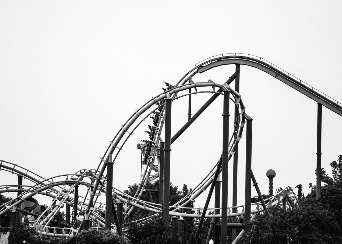 Looping roller coaster in dramatic black and white