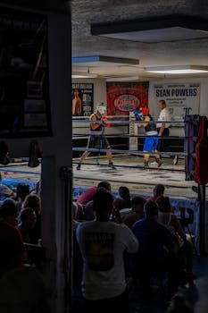 室内举行的充满活力的拳击比赛，在热闹的观众面前，展示了运动精神和体育精神