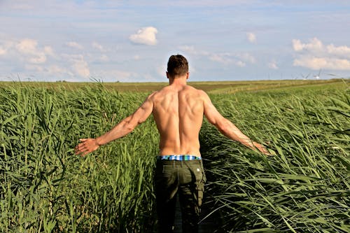 Topless Man Holding Green Grasses Under White Clouds