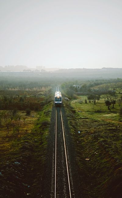Aerial view of a train journey through the picturesque rural landscape of Nizip, Gaziantep, Türkiye.