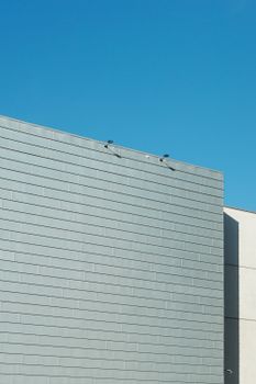 Minimalist facade design in Oslo with striking blue sky backdrop, showcasing contemporary architecture.