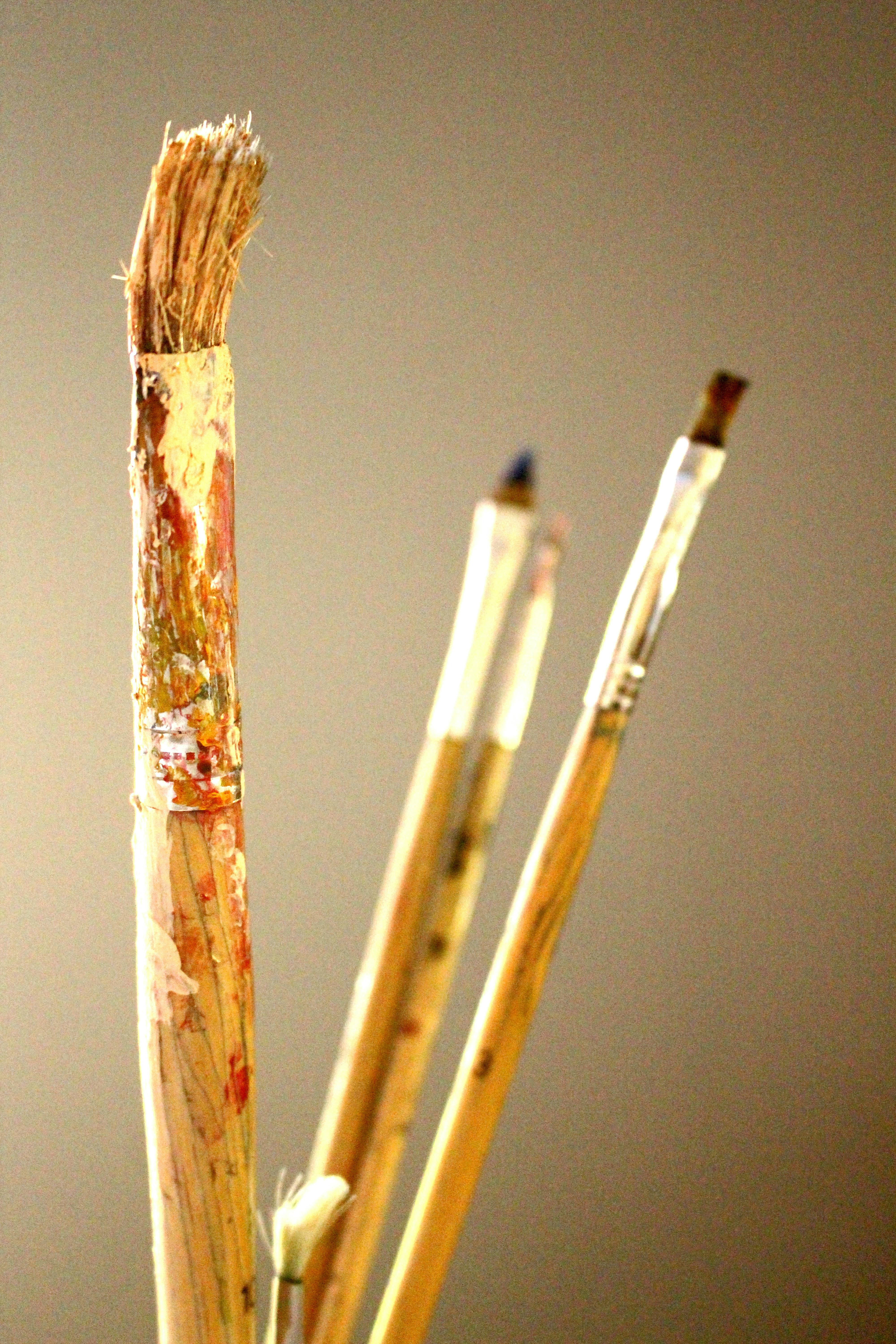 Detailed view of paint-covered brushes perfect for creative and artistic themes.