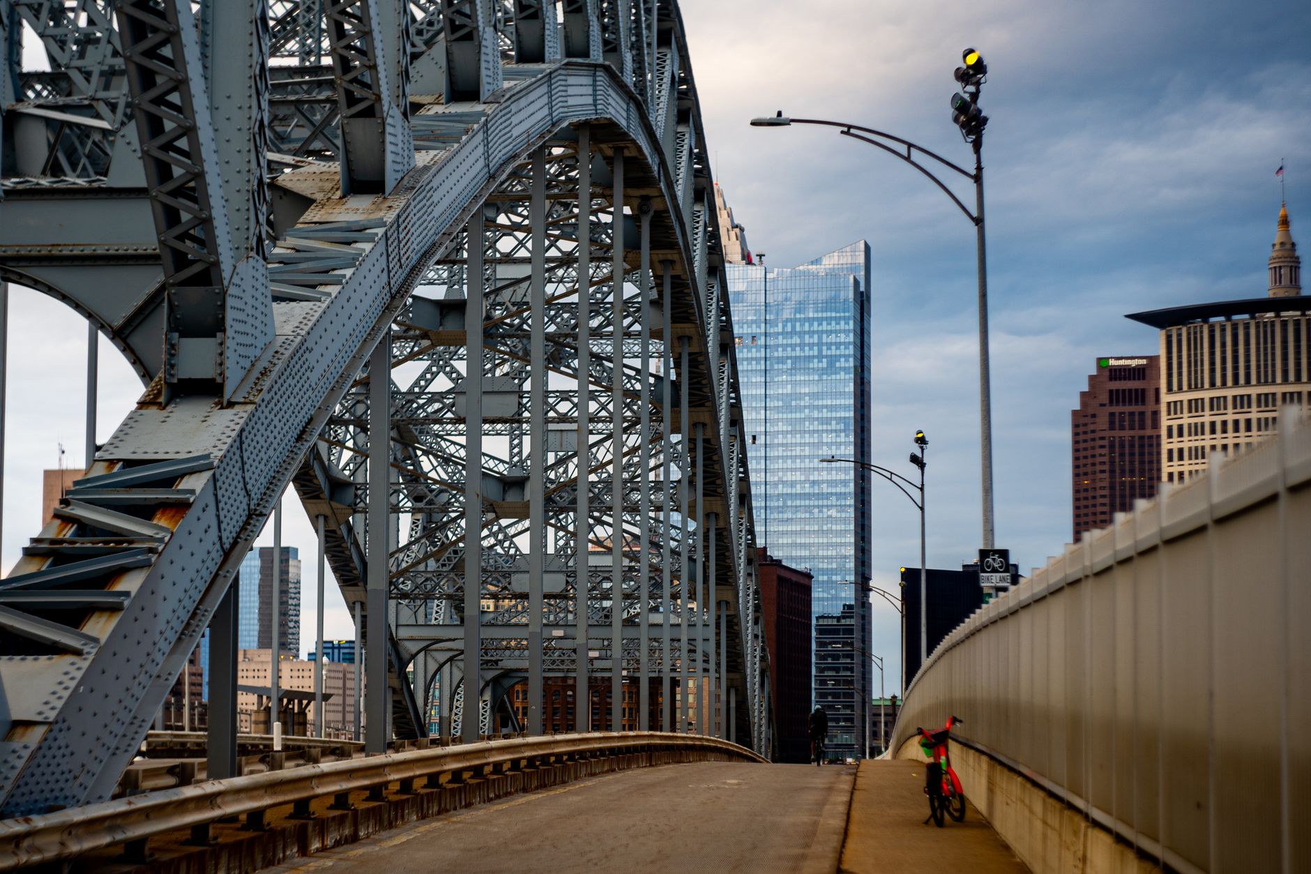 A striking view of Cleveland's iconic iron bridge showcasing urban architecture against the skyline.
