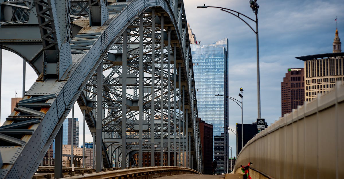A striking view of Cleveland's iconic iron bridge showcasing urban architecture against the skyline.