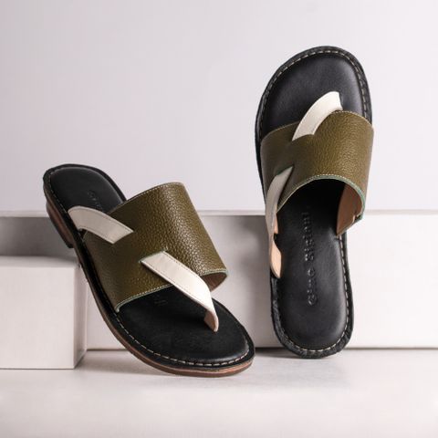 Olive and black leather slides