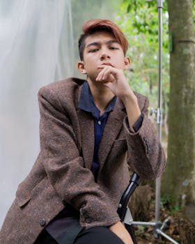 一个时尚的年轻人在户外休闲地摆出体贴的姿势