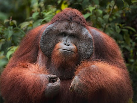 Majestic Bornean orangutan with rich orange fur amidst lush green forest.