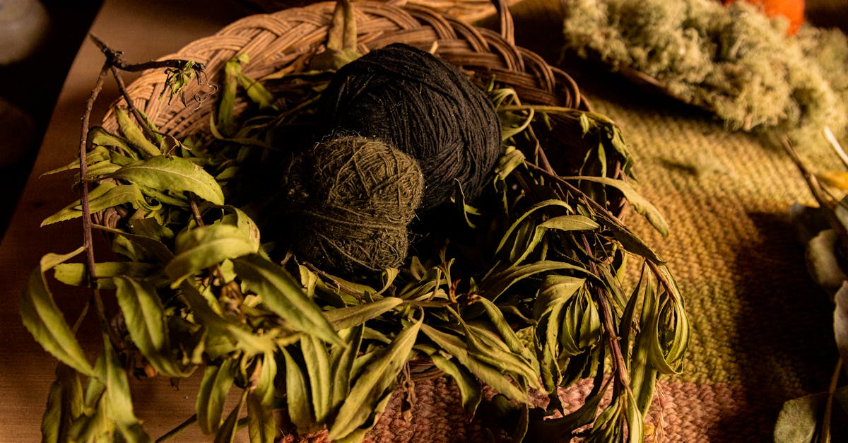 Close-up of basket with yarn and leaves, capturing traditional weaving materials in Chinchero, Peru.