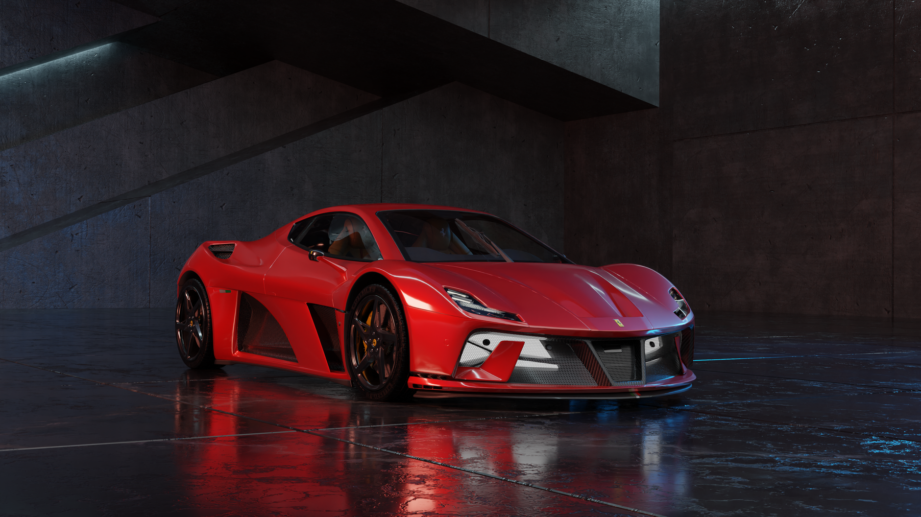 A striking red sports car showcased in a modern, minimalist indoor environment with dramatic lighting.