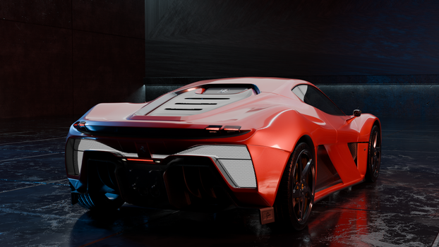 High-angle view of a red supercar in a dimly lit modern garage, showcasing its aerodynamic design.