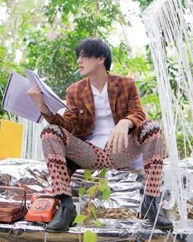 一位穿着五颜六色服装的时尚男士正坐在户外阅读论文