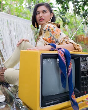 时尚的女人在户外与老式电视合影，展现风格与天赋