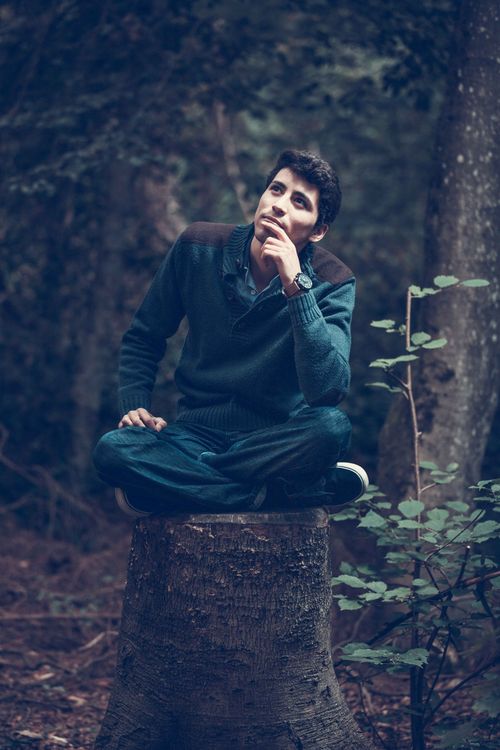 Man in Green Sweater Sitting Near Trees