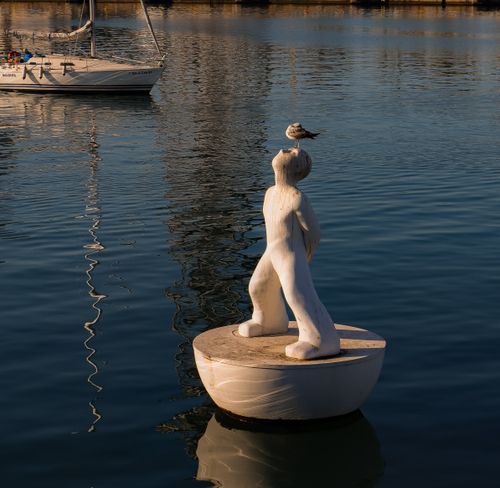 Free Seagull resting on a harbor statue in sunlight, with a sailboat in the background. Stock Photo