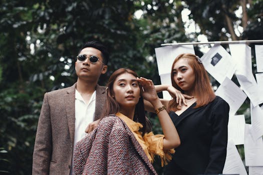 万隆户外，三位成年人摆姿势的别致肖像