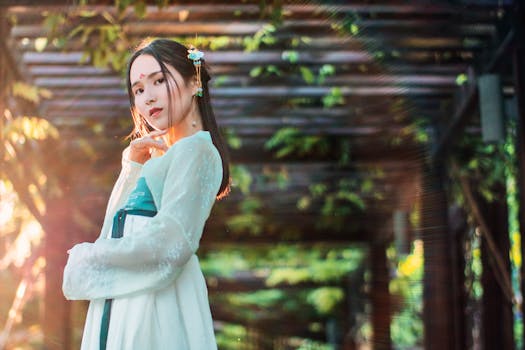 一位美丽的女子在阳光明媚的凉棚下，优雅地展示着中国传统服饰