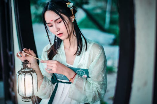 一位身着传统服装的亚洲女子优雅地拿着装饰灯笼，显得宁静而内省
