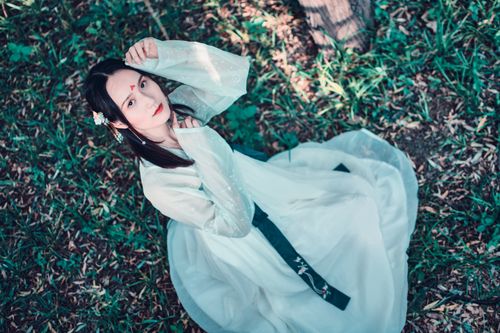 Free A woman in a white Hanfu dress, sitting outdoors, looking up with elegance. Stock Photo