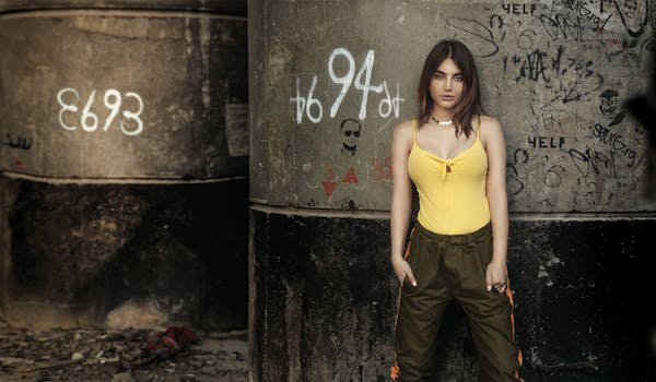 时尚女性在城市环境的涂鸦墙前自信地摆姿势