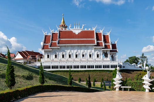 Stunning view of Wat Huay Pla Kang, a prominent Buddhist temple in Chiang Rai, Thailand under a clear blue sky.