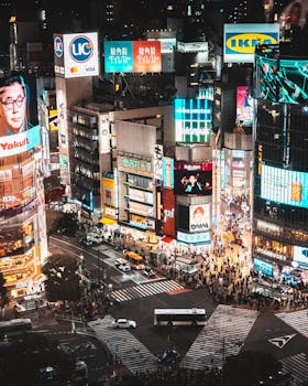 Explore the bustling Shibuya Crossing in Tokyo, Japan, illuminated by vibrant city lights at night.