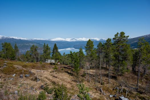 A view of the mountains and lake from a hill