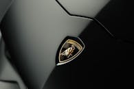 Lamborghini Logo badge on Hood of Black Glossy Sports Car