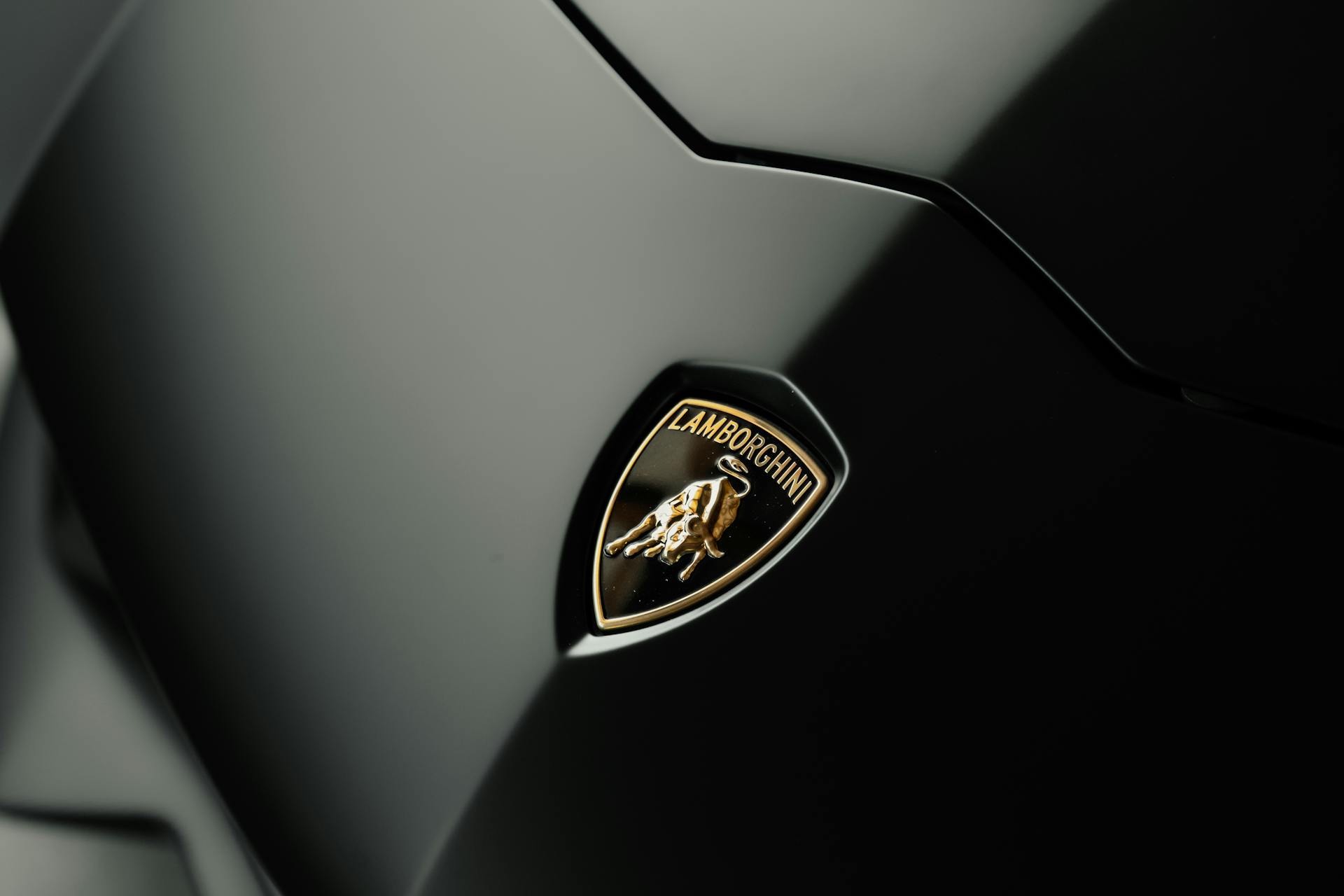 Lamborghini Logo badge on Hood of Black Glossy Sports Car