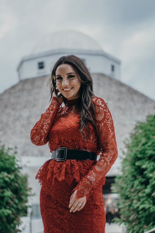 Vestido De Manga Larga De Encaje Rojo Para Mujer