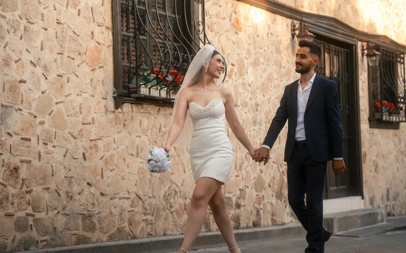 novia probándose vestido boda civil sencillo en tienda