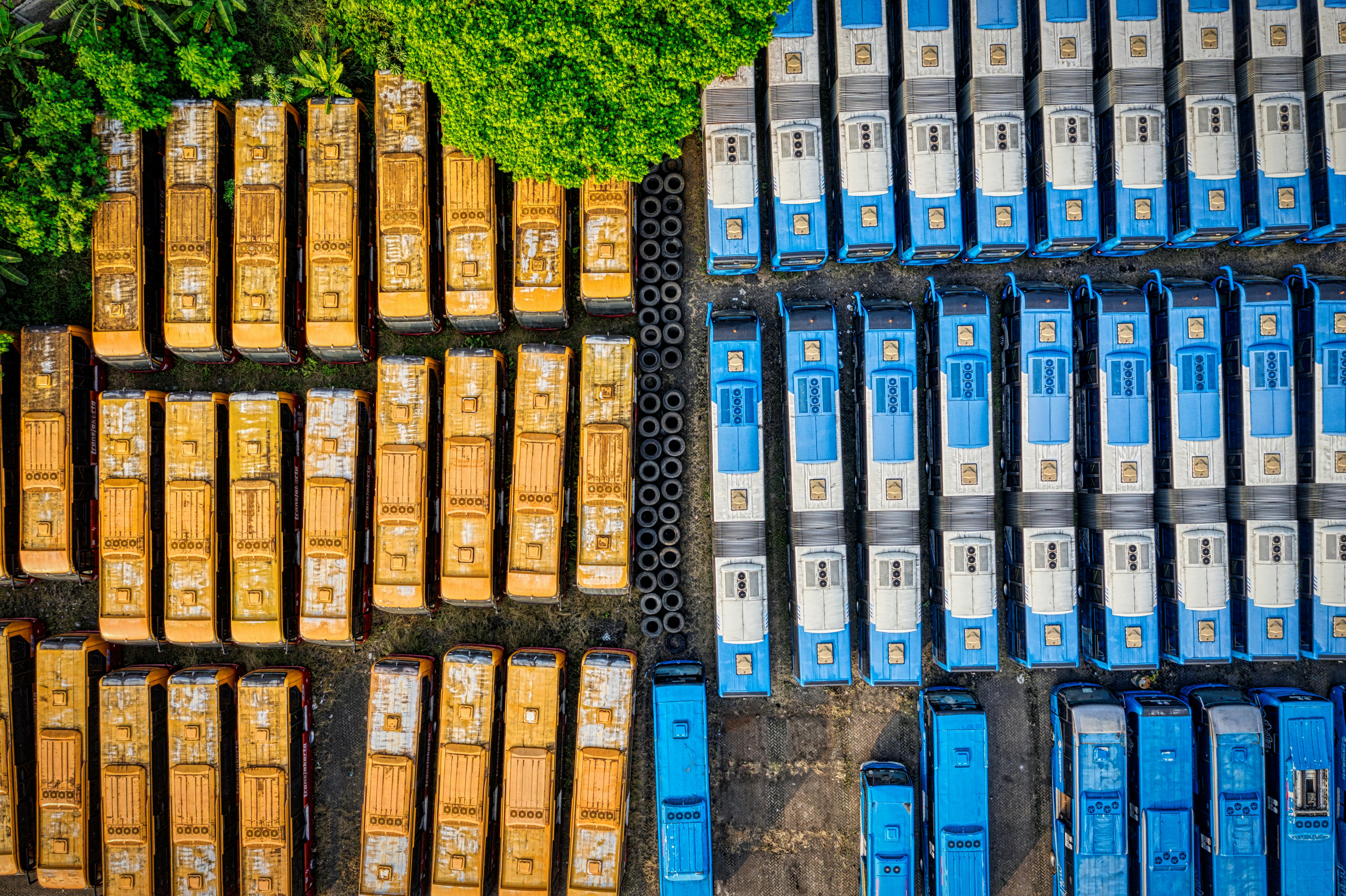 aerial photography of buses with different colors