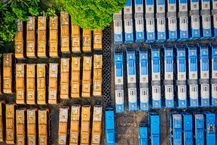 Aerial Photography Of Buses With Different Colors