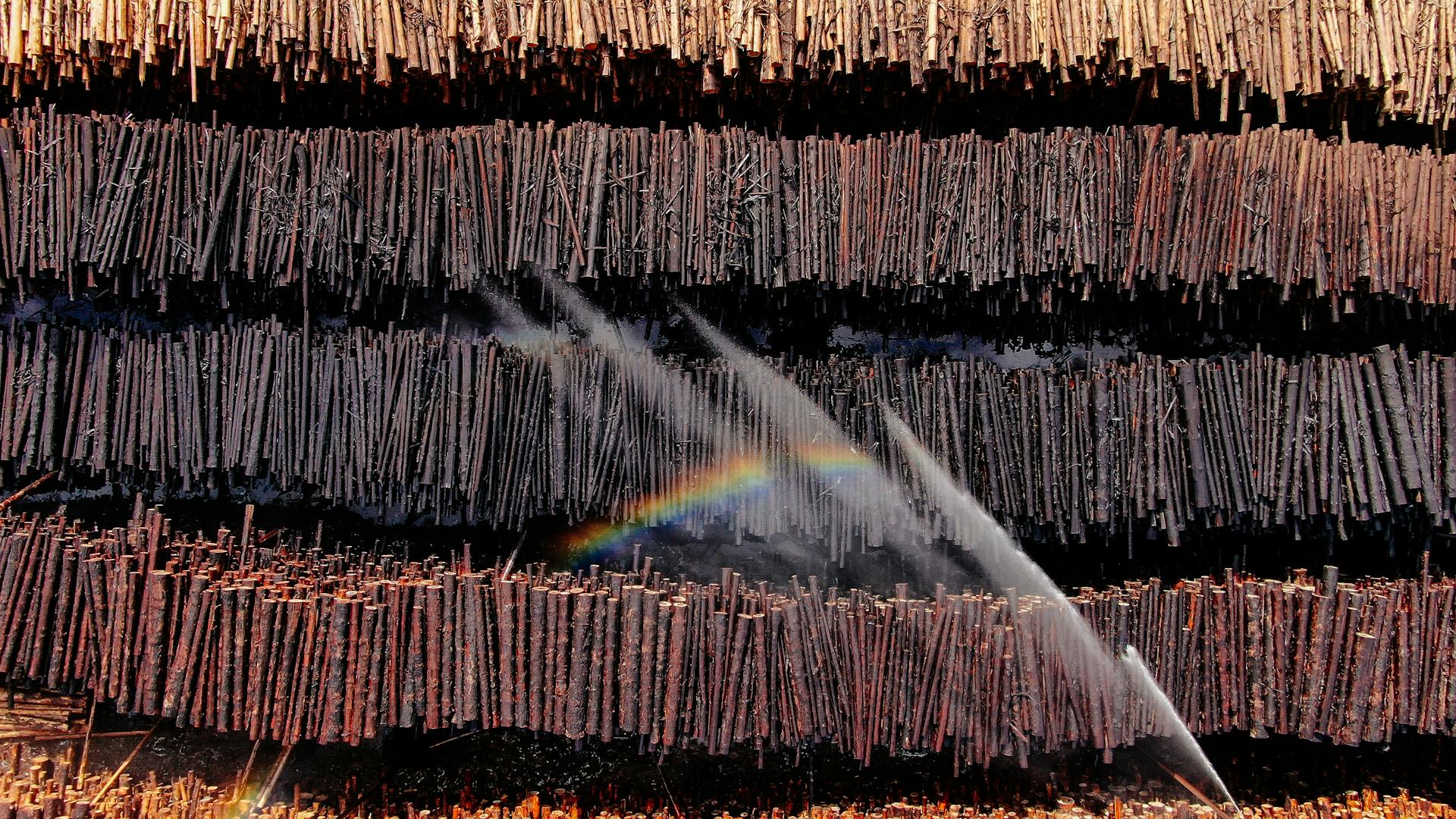 Drone view of stacked wood with sunlight and rainbow effect due to water sprinkling.