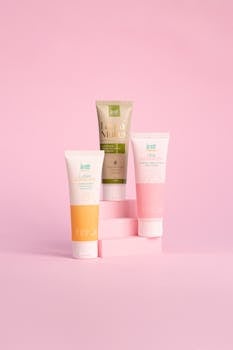 Aesthetic arrangement of skincare tubes on pink backdrop, showcasing branding and design.
