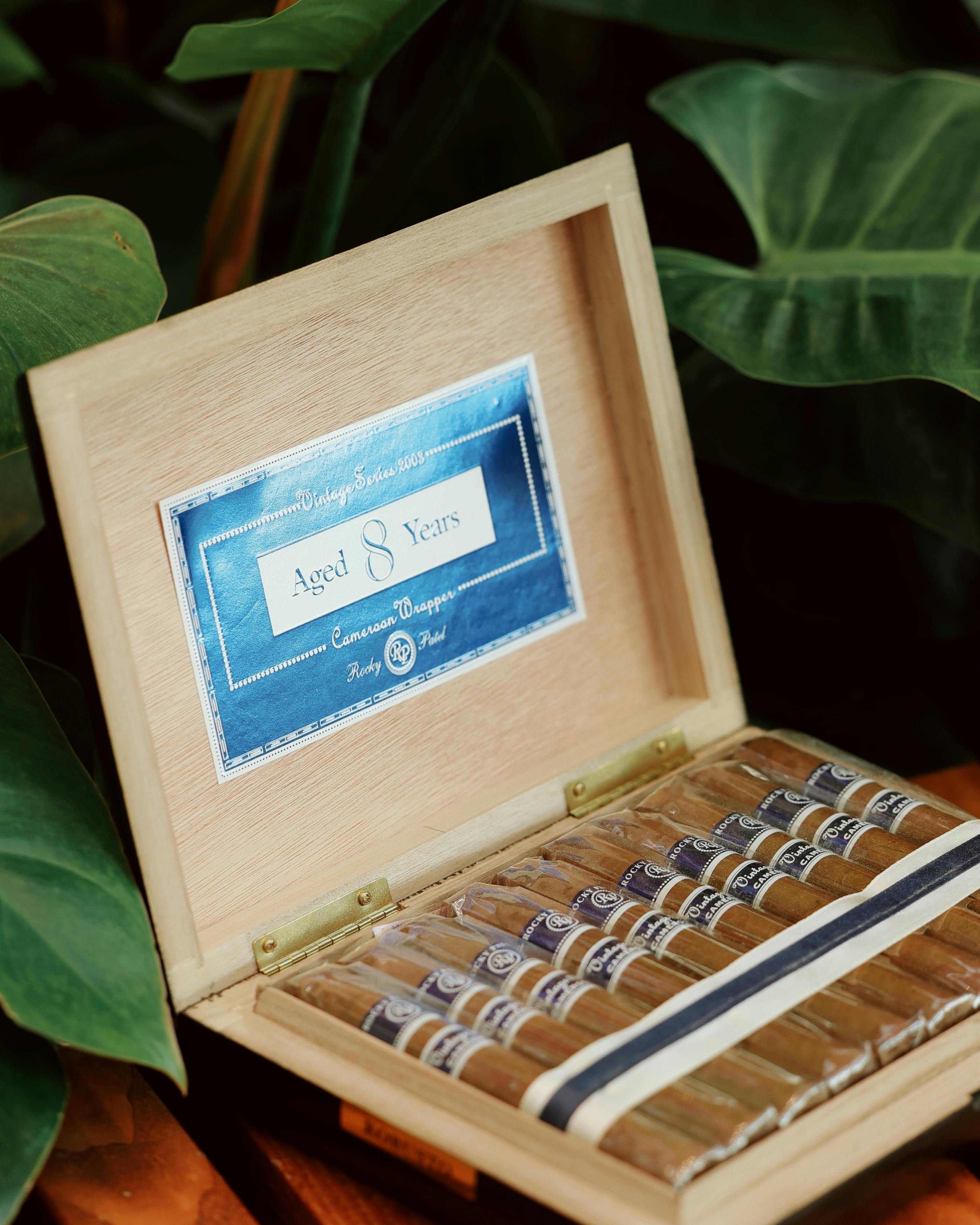 A stylish open wooden box containing aged cigars, surrounded by lush green leaves.