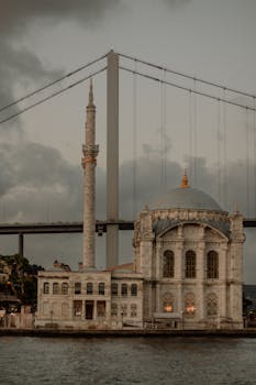 Stunning view of Ortaköy Mosque and Bosphorus Bridge under a moody sky.
