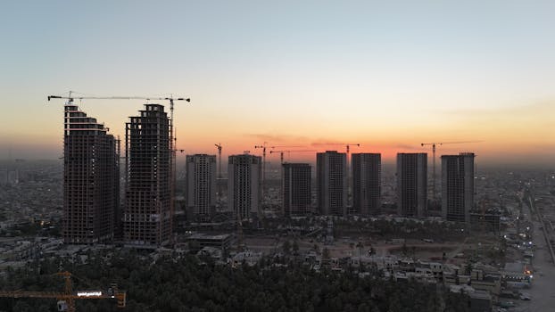 Silhouette of skyscrapers and cranes at sunset in Baghdad, Iraq.