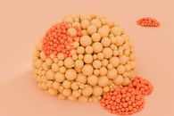 A captivating abstract 3D render of clustered spheres in orange tones creating a unique pattern.